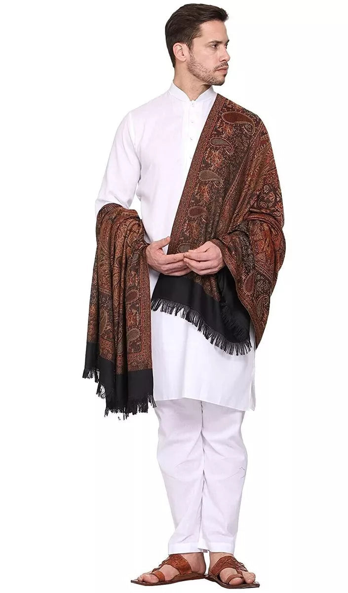 Men's Kashmiri Paisley Design Woven Poly Wool Blend Shawl - Black Arrona Garments