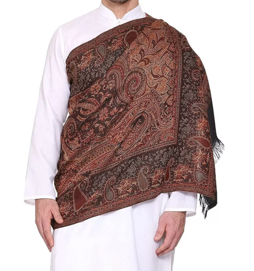Men's Kashmiri Paisley Design Woven Poly Wool Blend Shawl - Black Arrona Garments