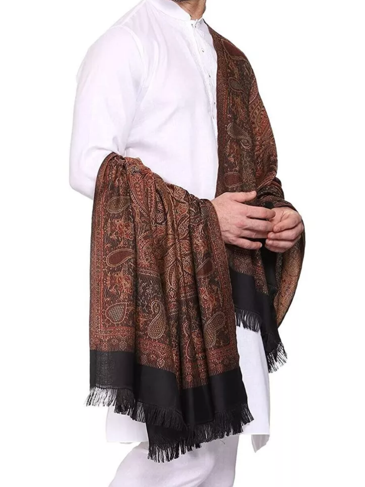 Men's Kashmiri Paisley Design Woven Poly Wool Blend Shawl - Black Arrona Garments