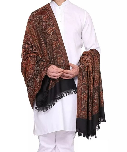 Men's Kashmiri Paisley Design Woven Poly Wool Blend Shawl - Black Arrona Garments