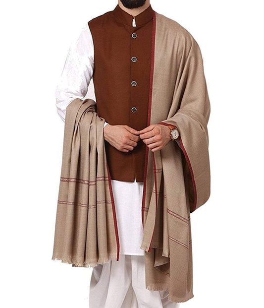Pashtush Men's Thick Wool Blend Shawl – Gents Lohi Woven Kinauri Design, Beige Arrona Garments