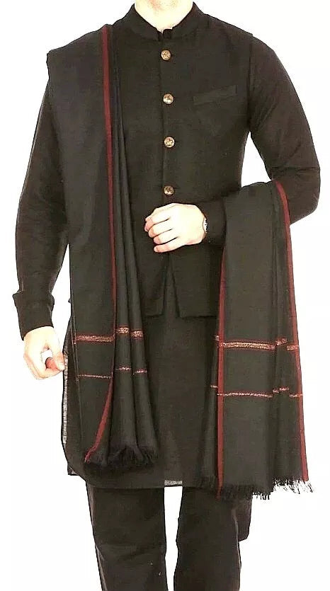 Pashtush Men's Thick Wool Blend Shawl – Kinauri Design, Black Arrona Garments